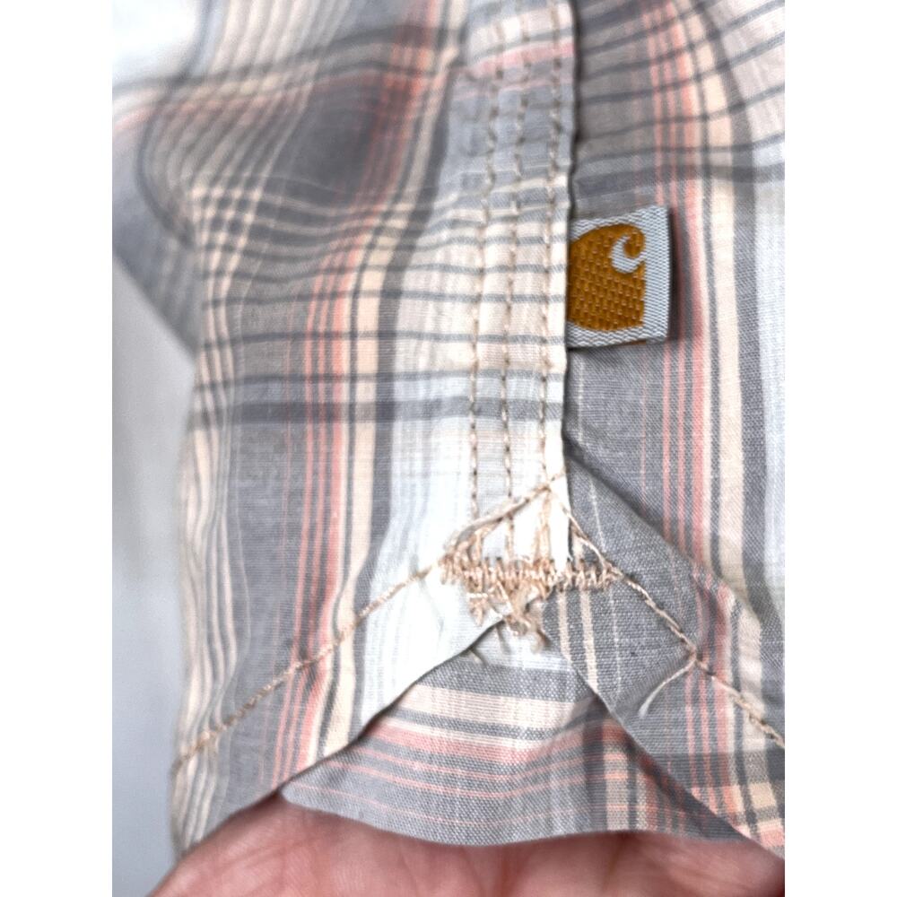 Carhartt Women's Button Up Shirt Roll Tab Sleeves in gray/peach plaid, size XL - Picture 5 of 9